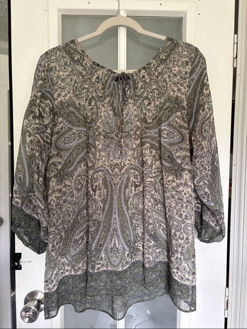 Rose & Olive Paisley Peasant Tunic in Olive and Cream